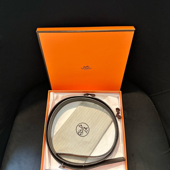 HERMES Brown and Orange Leather Belt with Brushed Removable Silver Buckle - Picture 5 of 5